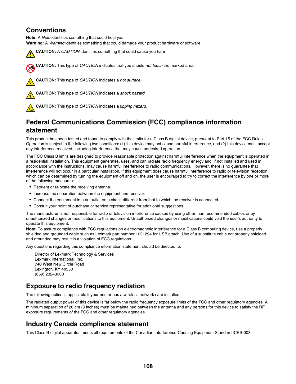 Conventions, Exposure to radio frequency radiation, Industry canada compliance statement | Lexmark 1500 Series User Manual | Page 108 / 124