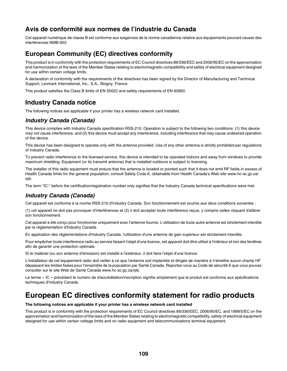 European community (ec) directives conformity, Industry canada notice | Lexmark 1500 Series User Manual | Page 109 / 124