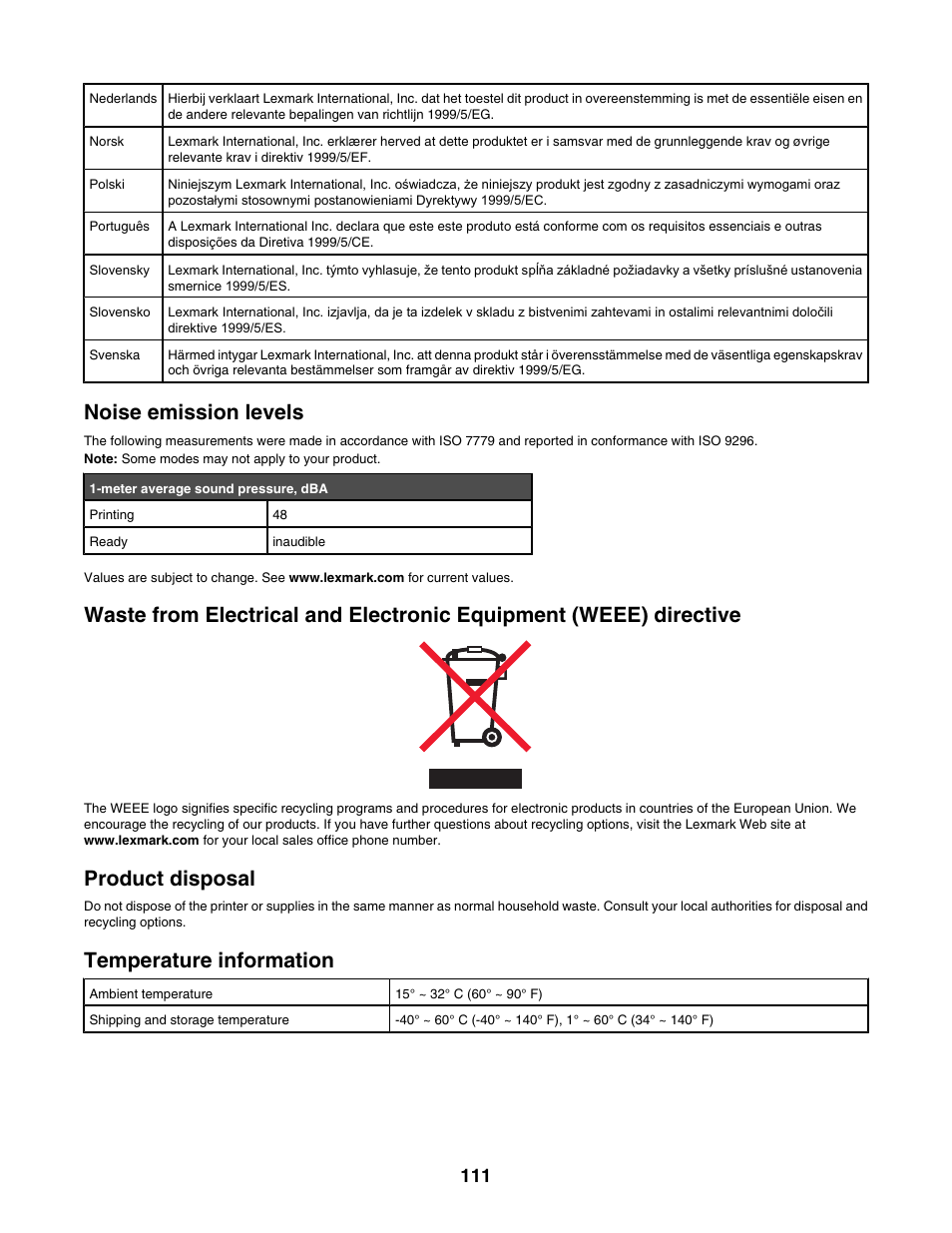 Noise emission levels, Product disposal, Temperature information | Lexmark 1500 Series User Manual | Page 111 / 124