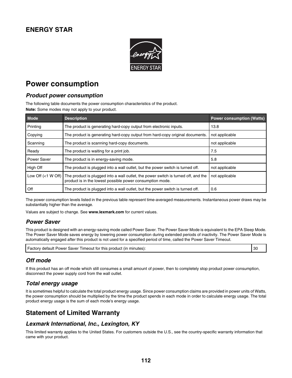 Energy star, Power consumption, Product power consumption | Power saver, Off mode, Total energy usage, Statement of limited warranty, Lexmark international, inc., lexington, ky | Lexmark 1500 Series User Manual | Page 112 / 124