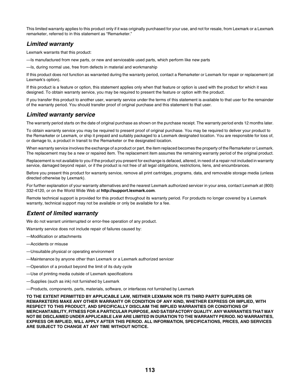 Limited warranty, Limited warranty service, Extent of limited warranty | Lexmark 1500 Series User Manual | Page 113 / 124