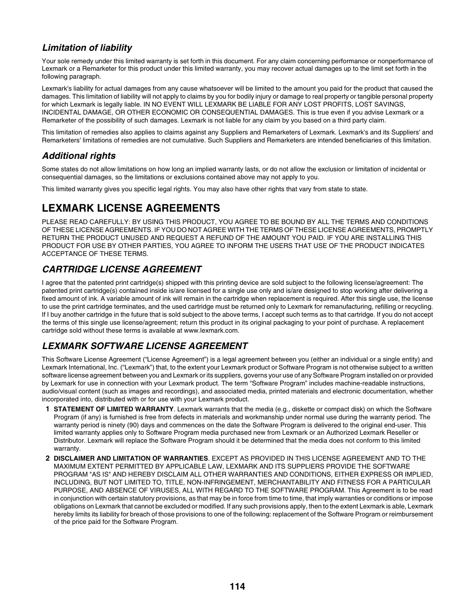 Lexmark license agreements | Lexmark 1500 Series User Manual | Page 114 / 124