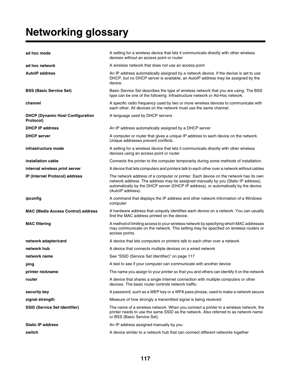 Networking glossary | Lexmark 1500 Series User Manual | Page 117 / 124