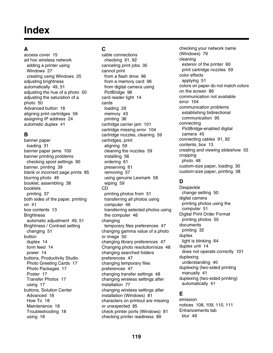 Index | Lexmark 1500 Series User Manual | Page 119 / 124