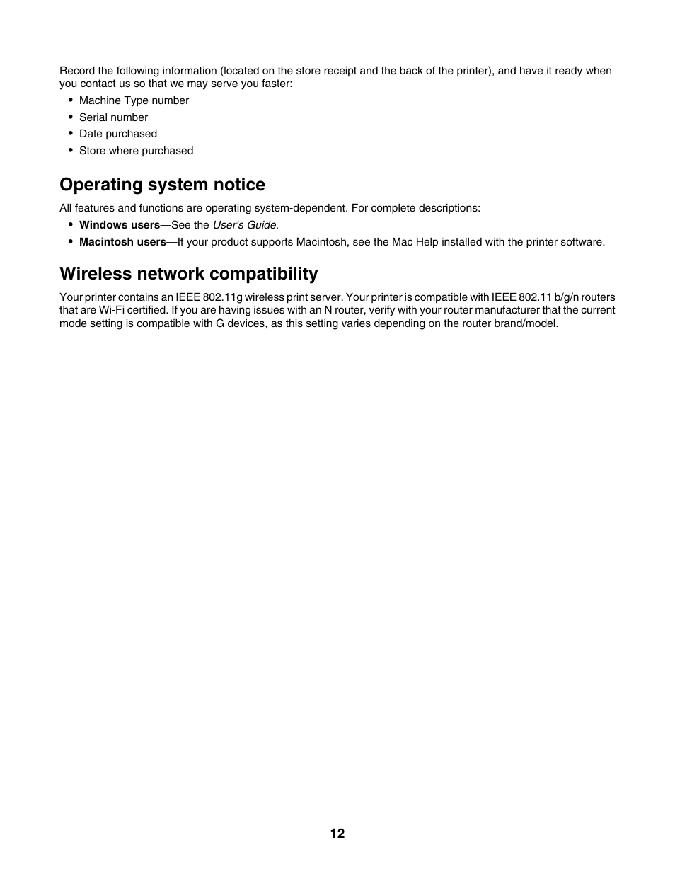 Operating system notice, Wireless network compatibility | Lexmark 1500 Series User Manual | Page 12 / 124