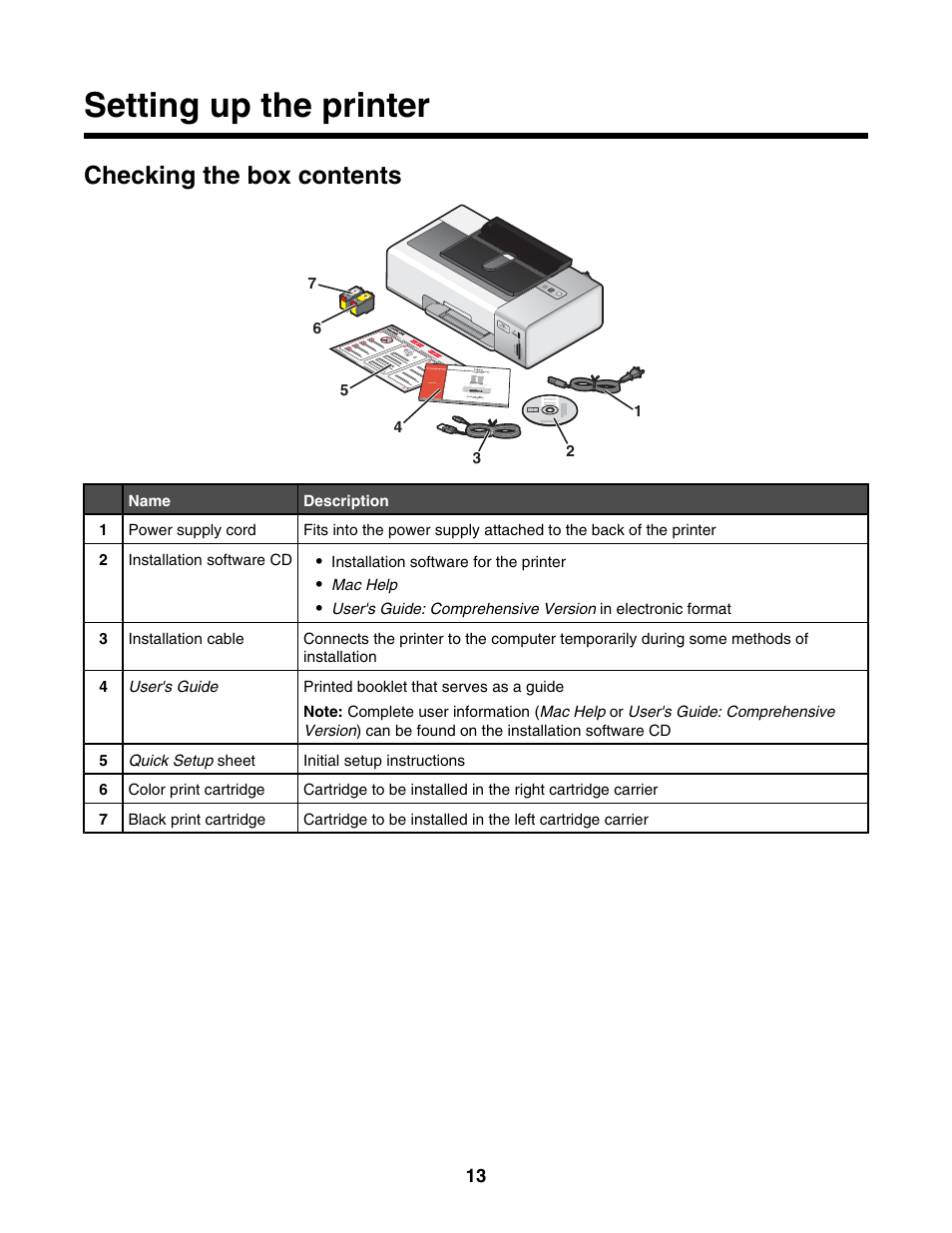 Setting up the printer, Checking the box contents | Lexmark 1500 Series User Manual | Page 13 / 124