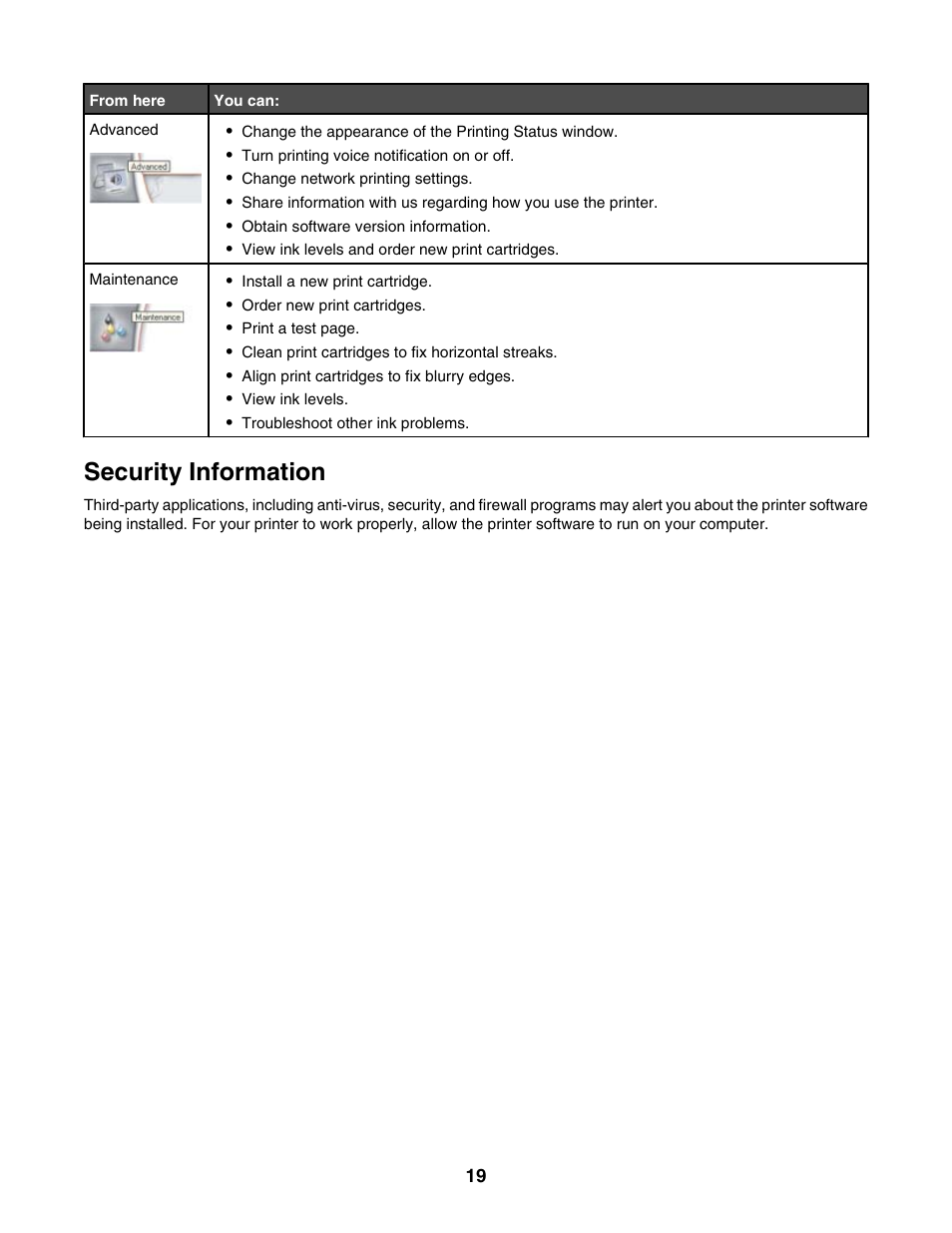 Security information | Lexmark 1500 Series User Manual | Page 19 / 124