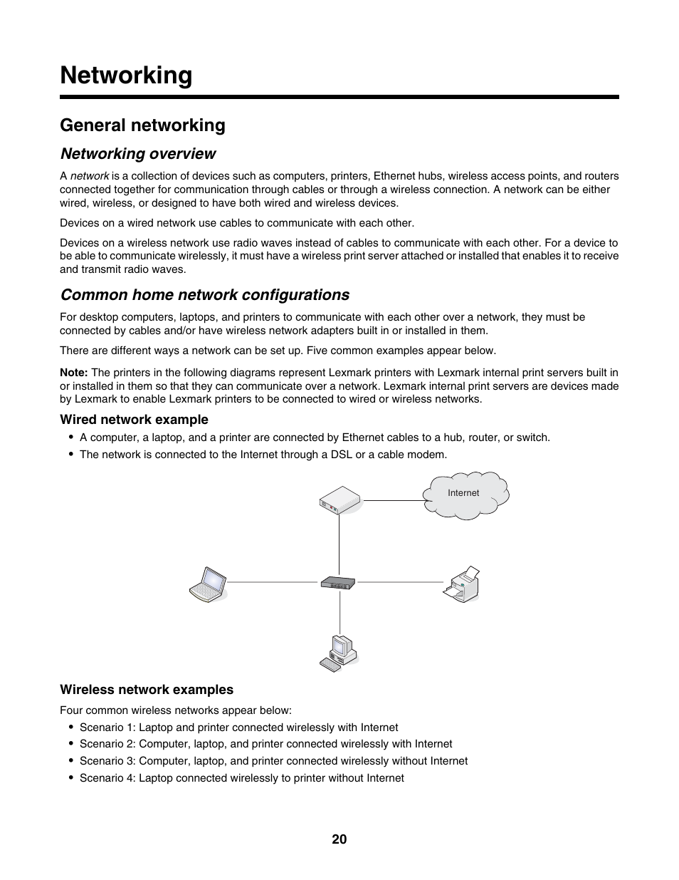 Networking, General networking, Networking overview | Common home network configurations | Lexmark 1500 Series User Manual | Page 20 / 124