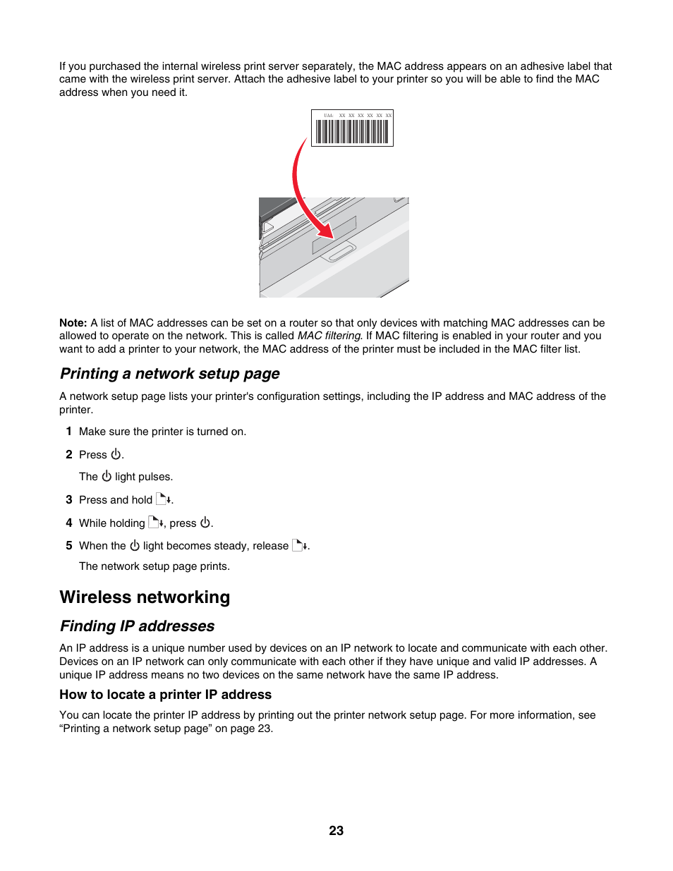 Wireless networking, Finding ip addresses, Printing a network setup page | Lexmark 1500 Series User Manual | Page 23 / 124