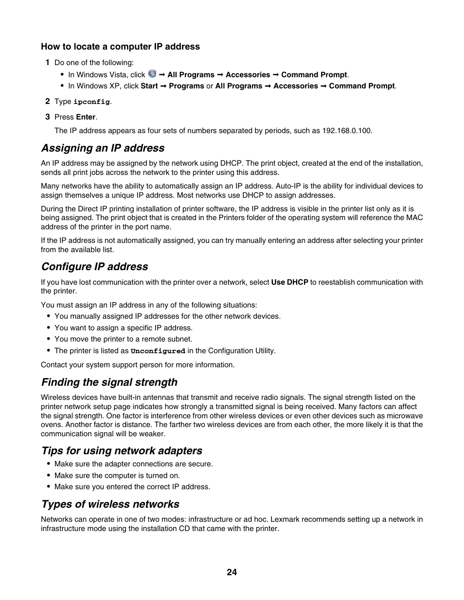 Assigning an ip address, Configure ip address, Finding the signal strength | Tips for using network adapters, Types of wireless networks | Lexmark 1500 Series User Manual | Page 24 / 124