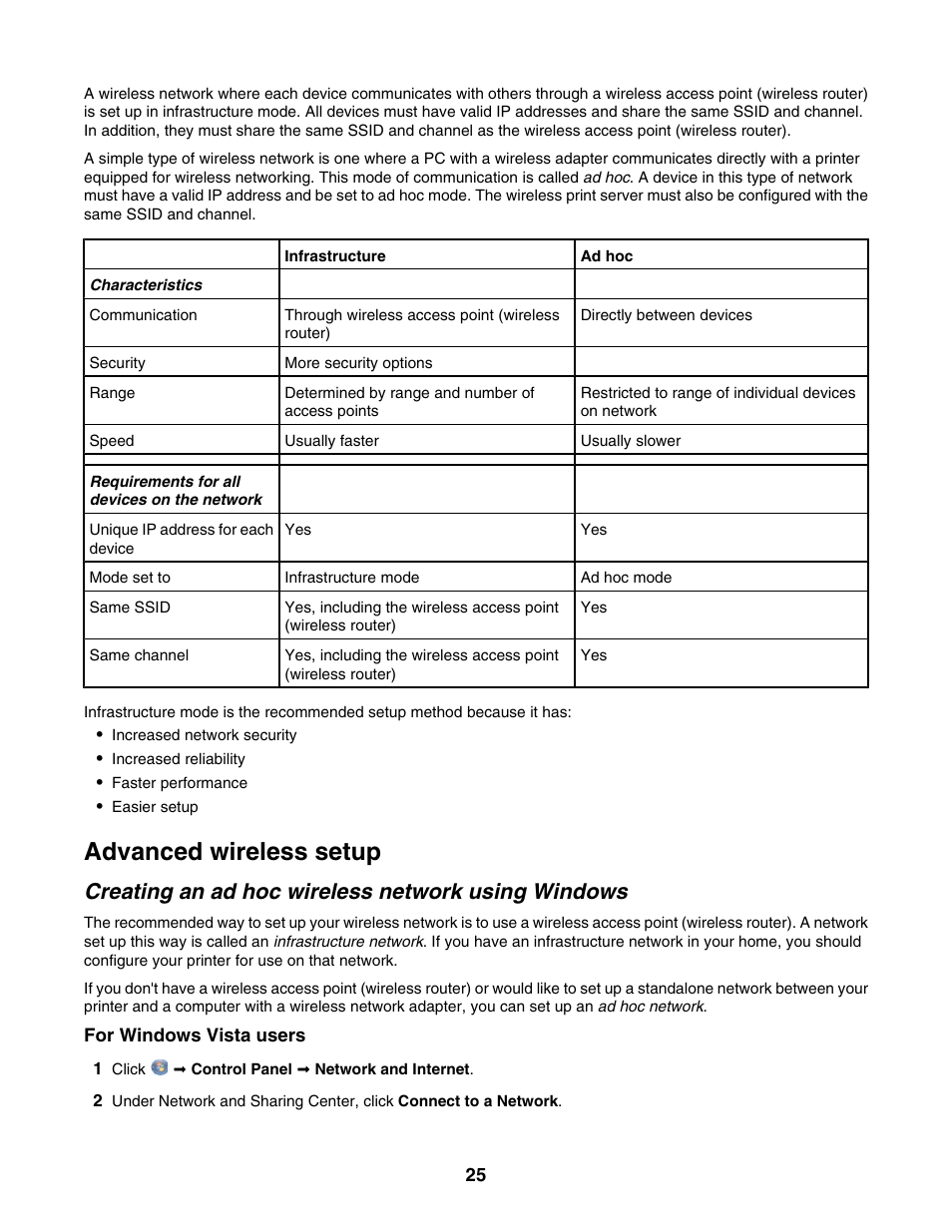 Advanced wireless setup, Creating an ad hoc wireless network using windows | Lexmark 1500 Series User Manual | Page 25 / 124