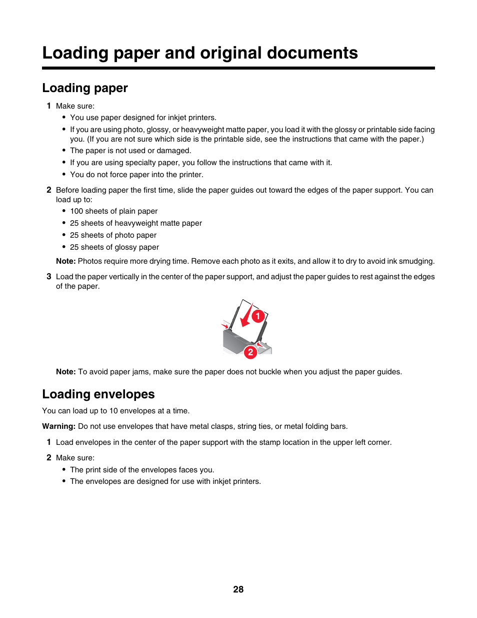 Loading paper and original documents, Loading paper, Loading envelopes | Lexmark 1500 Series User Manual | Page 28 / 124