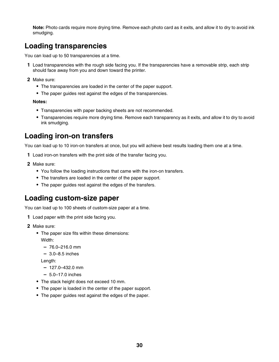 Loading transparencies, Loading iron-on transfers, Loading custom-size paper | Lexmark 1500 Series User Manual | Page 30 / 124