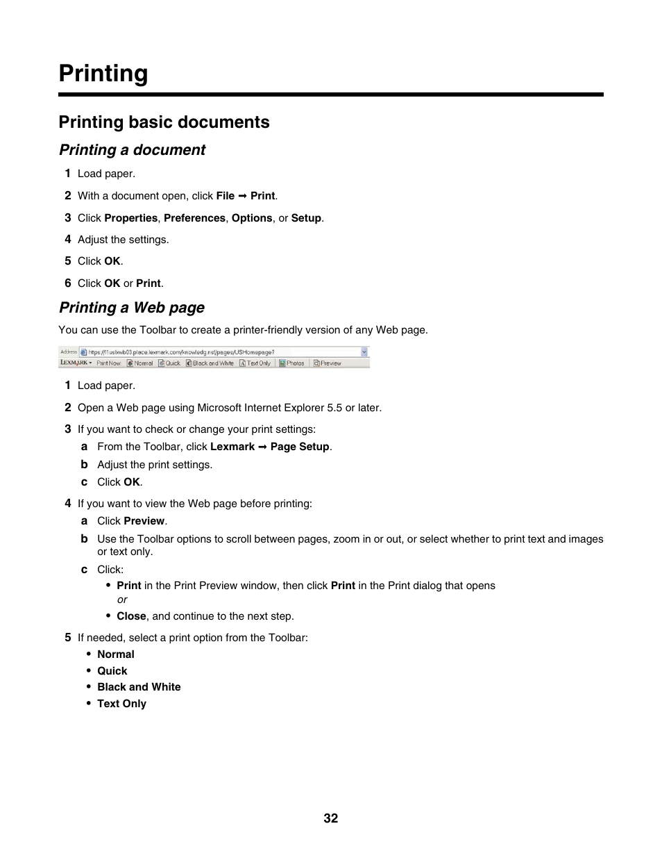 Printing, Printing basic documents, Printing a document | Printing a web page | Lexmark 1500 Series User Manual | Page 32 / 124