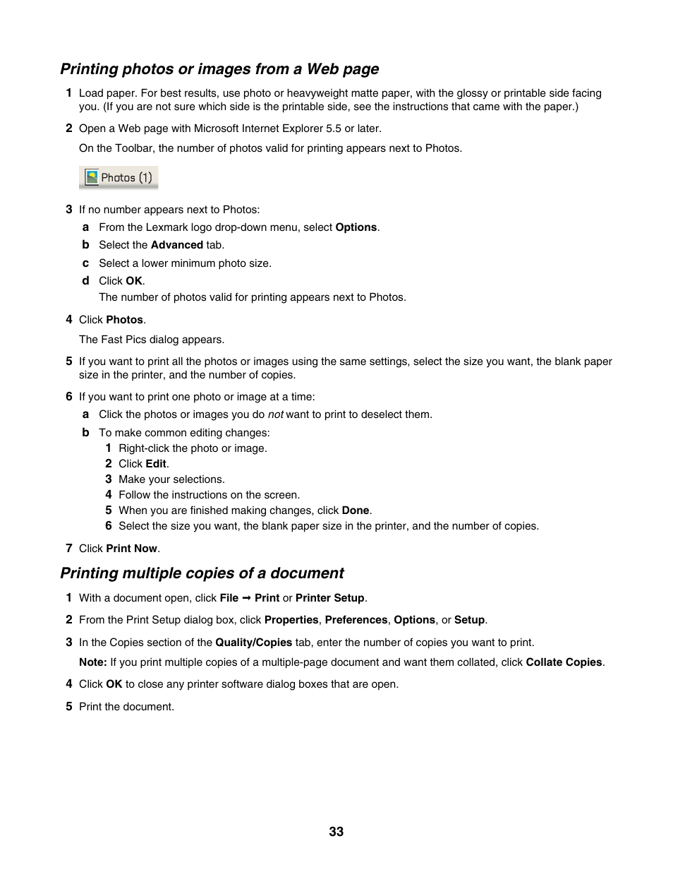 Printing multiple copies of a document, Printing photos or images from a web page | Lexmark 1500 Series User Manual | Page 33 / 124