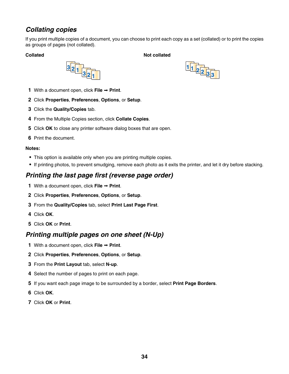 Collating copies, Printing the last page first (reverse page order), Printing multiple pages on one sheet (n-up) | Lexmark 1500 Series User Manual | Page 34 / 124