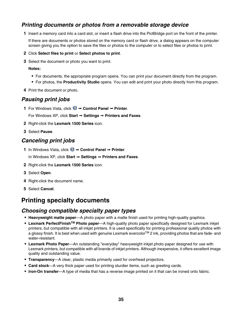 Pausing print jobs, Canceling print jobs, Printing specialty documents | Choosing compatible specialty paper types | Lexmark 1500 Series User Manual | Page 35 / 124
