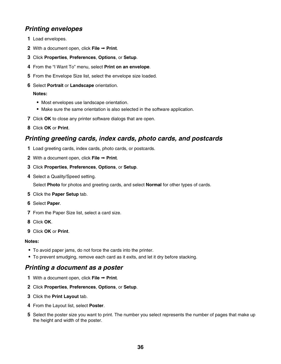 Printing envelopes, Printing a document as a poster | Lexmark 1500 Series User Manual | Page 36 / 124