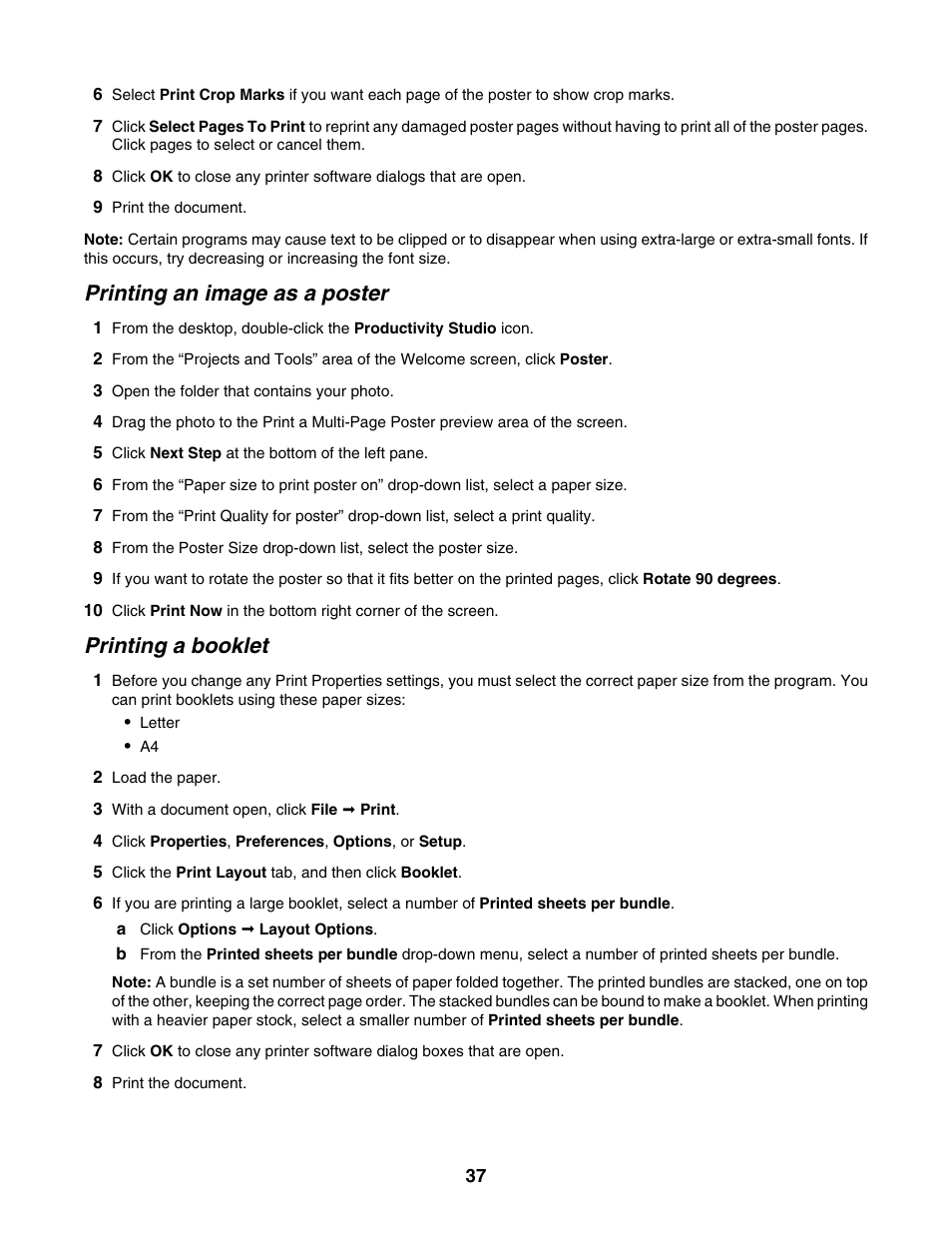 Printing an image as a poster, Printing a booklet | Lexmark 1500 Series User Manual | Page 37 / 124