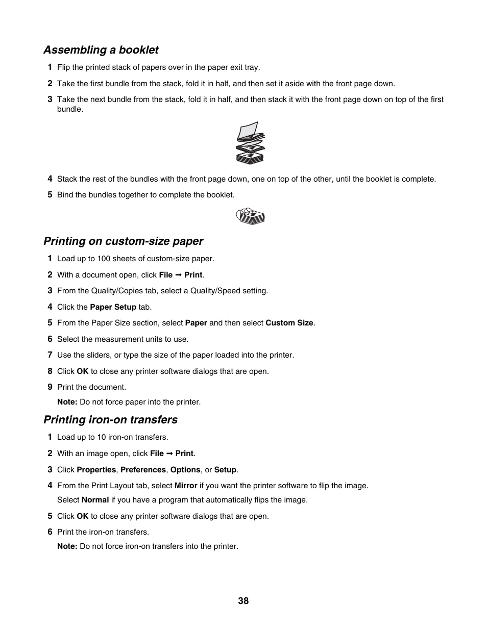 Assembling a booklet, Printing on custom-size paper, Printing iron-on transfers | Lexmark 1500 Series User Manual | Page 38 / 124