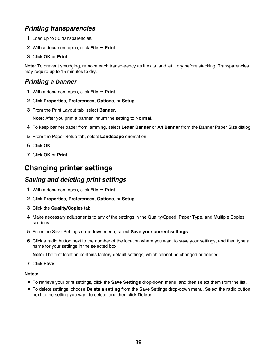 Printing transparencies, Printing a banner, Changing printer settings | Saving and deleting print settings | Lexmark 1500 Series User Manual | Page 39 / 124