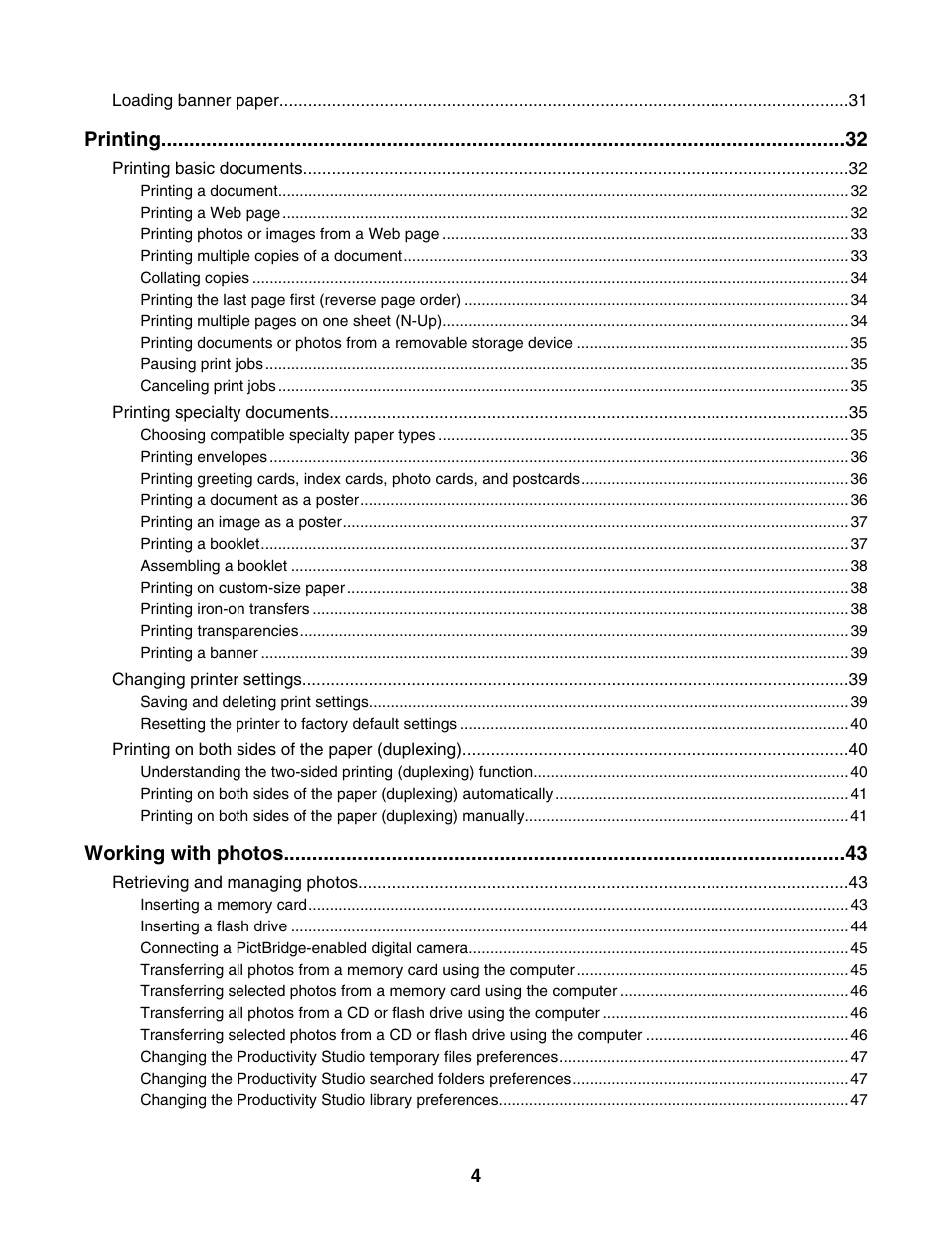 Printing, Working with photos | Lexmark 1500 Series User Manual | Page 4 / 124