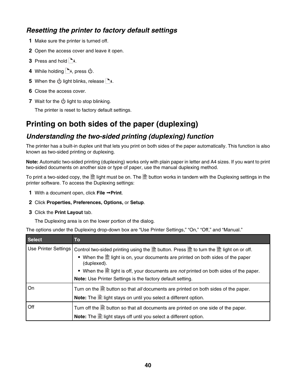 Resetting the printer to factory default settings, Printing on both sides of the paper (duplexing) | Lexmark 1500 Series User Manual | Page 40 / 124