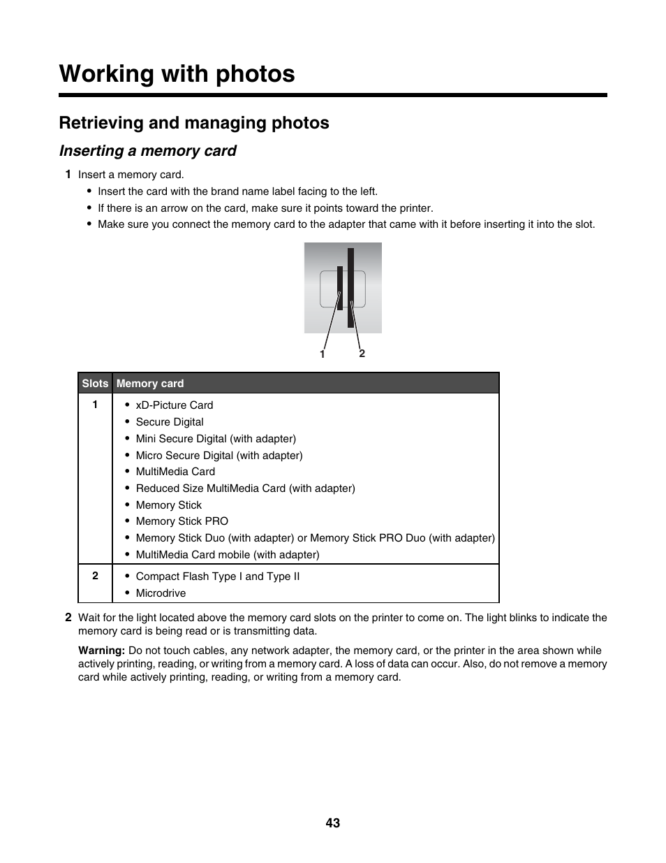 Working with photos, Retrieving and managing photos, Inserting a memory card | Lexmark 1500 Series User Manual | Page 43 / 124