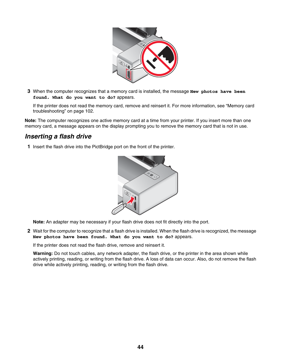 Inserting a flash drive | Lexmark 1500 Series User Manual | Page 44 / 124
