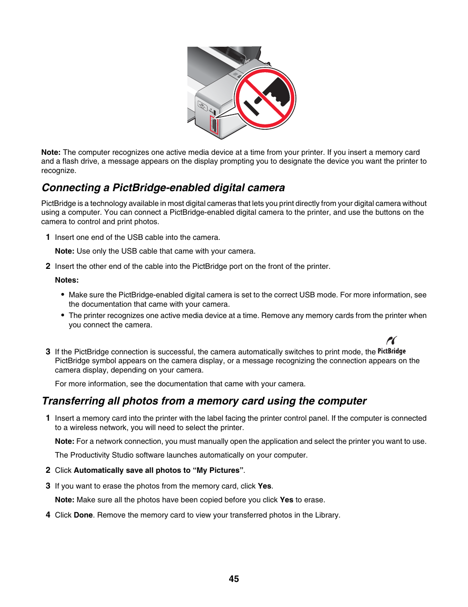 Connecting a pictbridge-enabled digital camera | Lexmark 1500 Series User Manual | Page 45 / 124