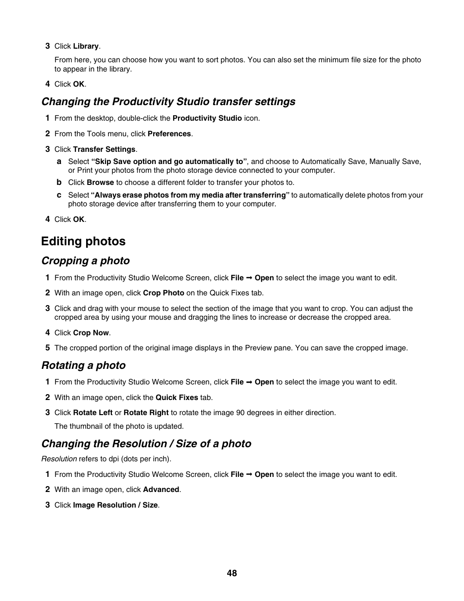 Changing the productivity studio transfer settings, Editing photos, Cropping a photo | Rotating a photo, Changing the resolution / size of a photo | Lexmark 1500 Series User Manual | Page 48 / 124