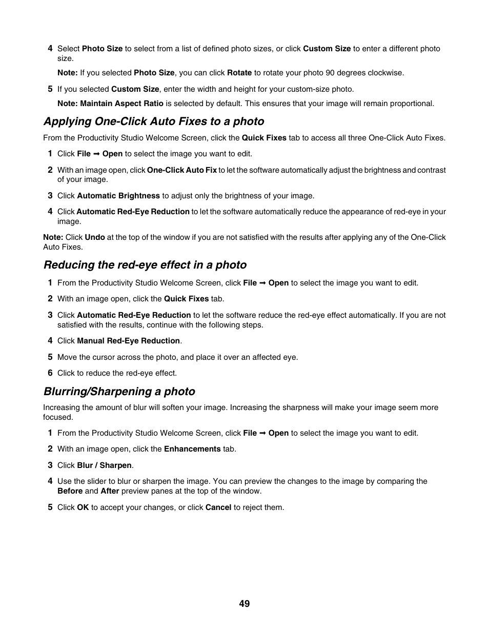 Applying one-click auto fixes to a photo, Reducing the red-eye effect in a photo, Blurring/sharpening a photo | Lexmark 1500 Series User Manual | Page 49 / 124