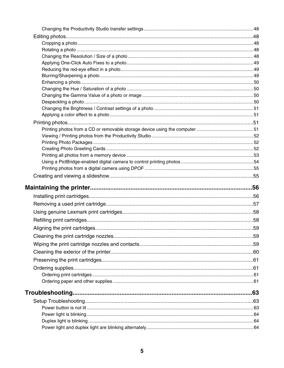 Maintaining the printer, Troubleshooting | Lexmark 1500 Series User Manual | Page 5 / 124