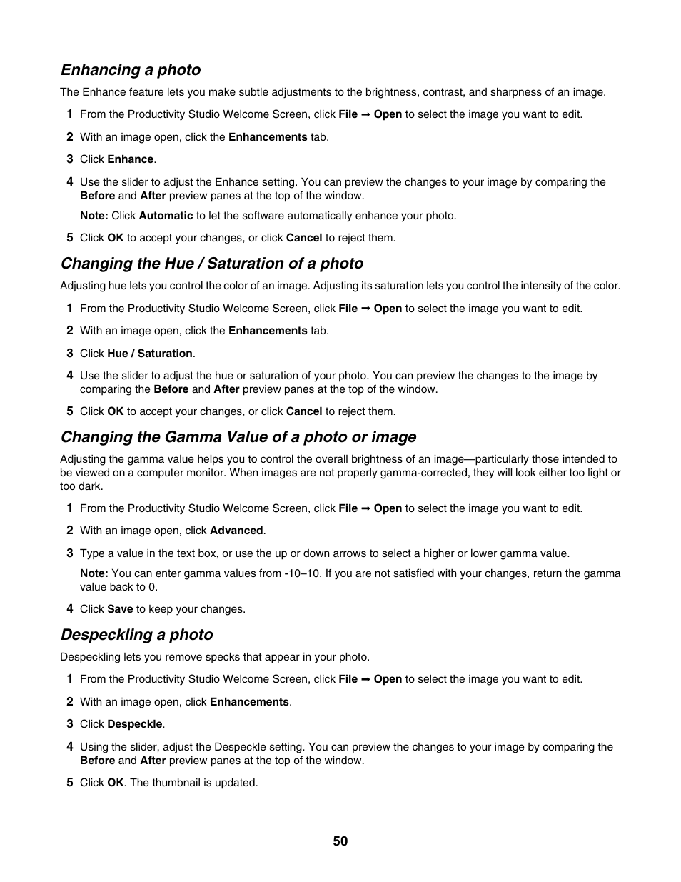 Enhancing a photo, Changing the hue / saturation of a photo, Changing the gamma value of a photo or image | Despeckling a photo | Lexmark 1500 Series User Manual | Page 50 / 124