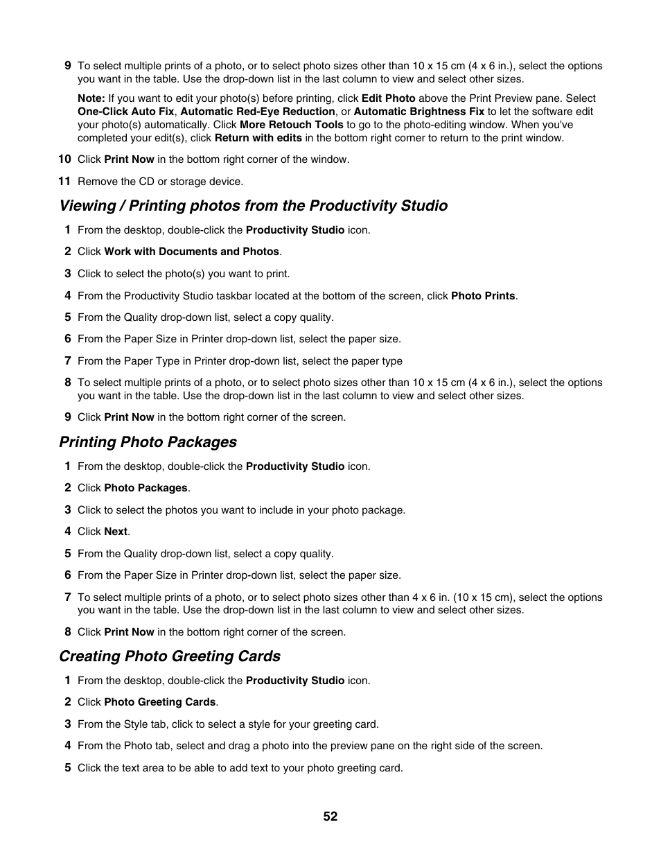 Printing photo packages, Creating photo greeting cards | Lexmark 1500 Series User Manual | Page 52 / 124