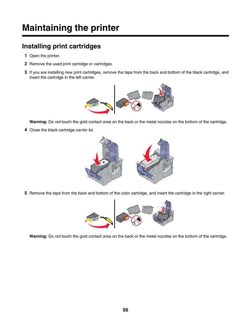 Maintaining the printer, Installing print cartridges | Lexmark 1500 Series User Manual | Page 56 / 124