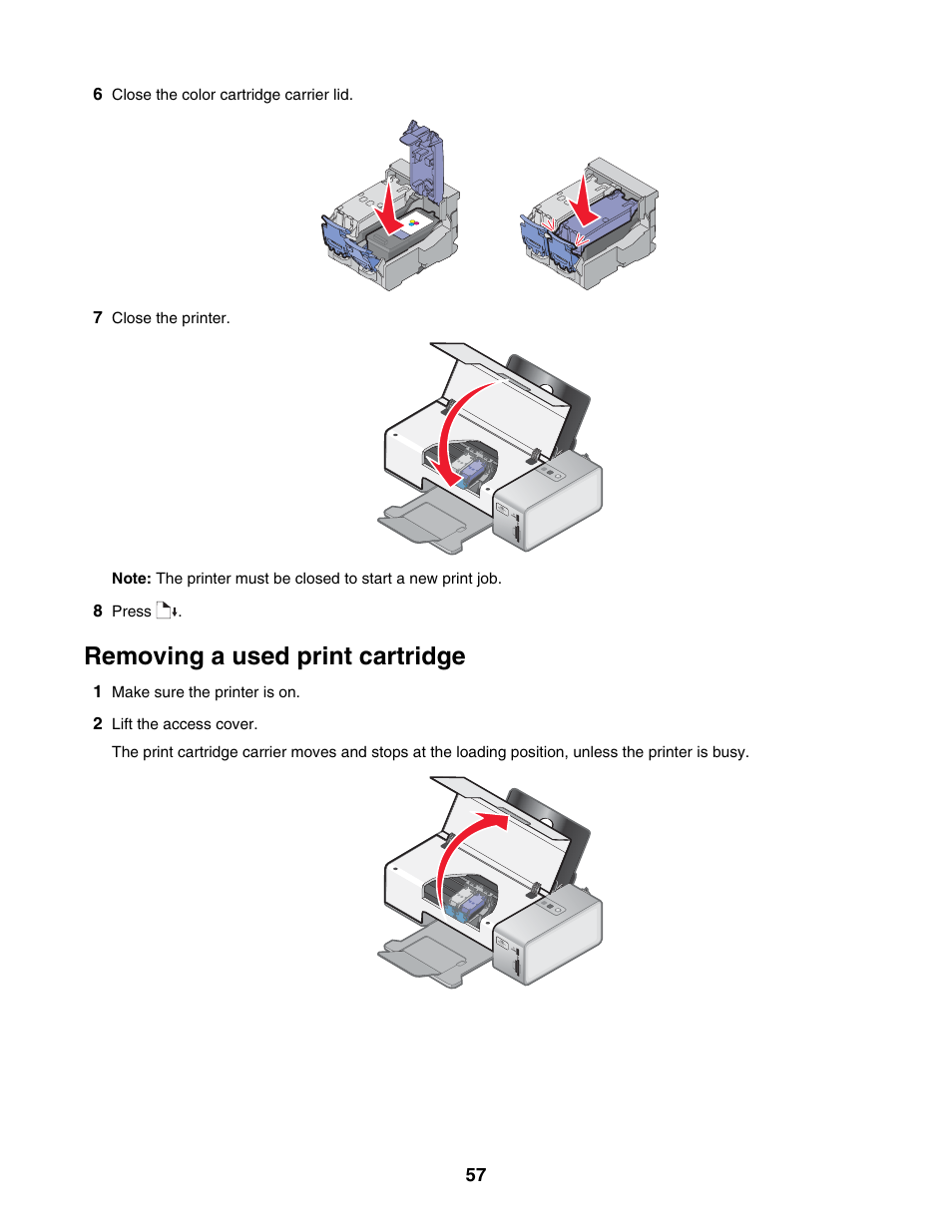 Removing a used print cartridge | Lexmark 1500 Series User Manual | Page 57 / 124