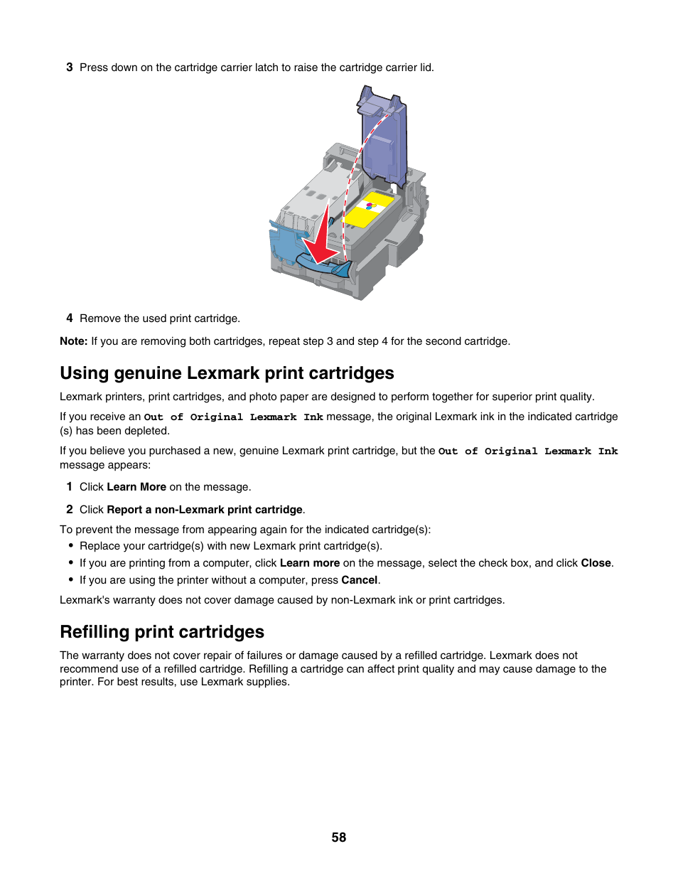 Using genuine lexmark print cartridges, Refilling print cartridges | Lexmark 1500 Series User Manual | Page 58 / 124