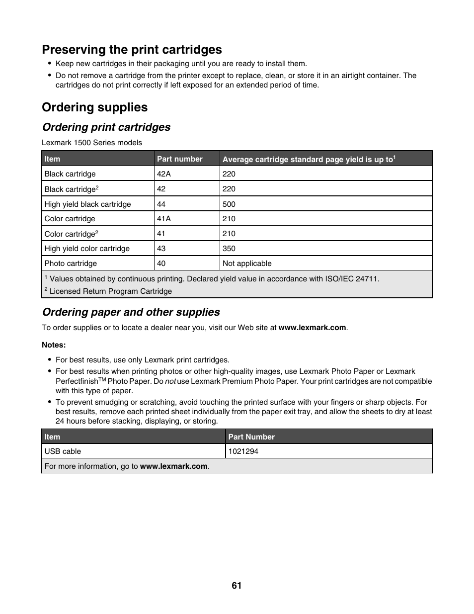 Preserving the print cartridges, Ordering supplies, Ordering print cartridges | Ordering paper and other supplies | Lexmark 1500 Series User Manual | Page 61 / 124