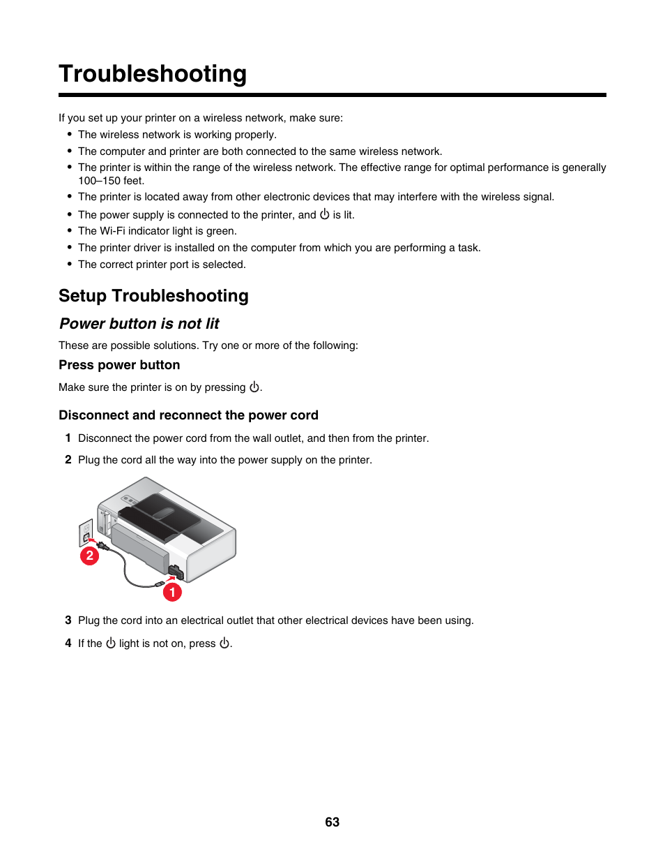 Troubleshooting, Setup troubleshooting, Power button is not lit | Lexmark 1500 Series User Manual | Page 63 / 124