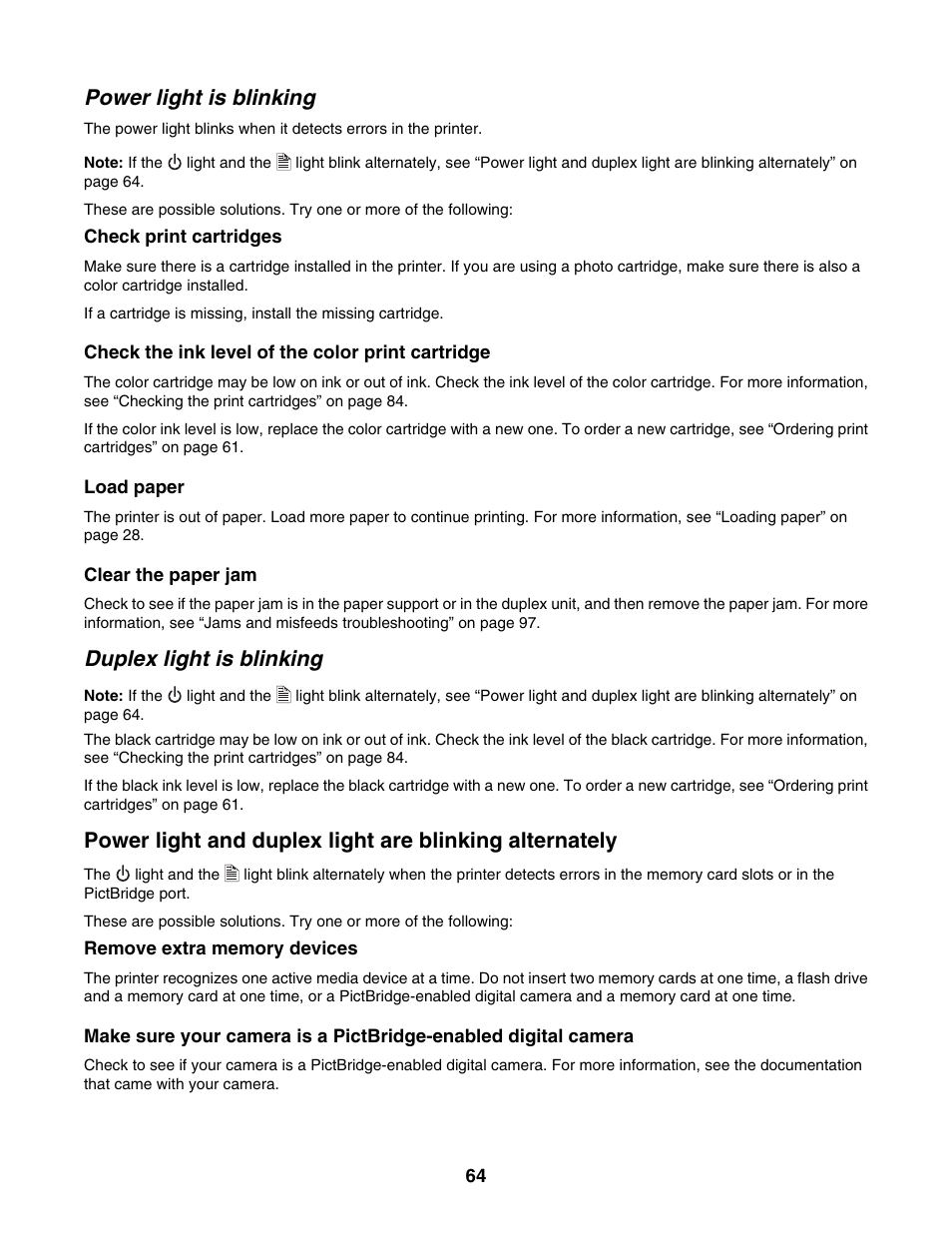 Power light is blinking, Duplex light is blinking | Lexmark 1500 Series User Manual | Page 64 / 124