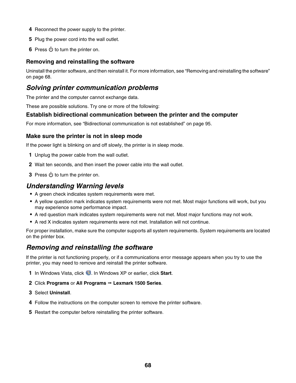 Solving printer communication problems, Understanding warning levels, Removing and reinstalling the software | Lexmark 1500 Series User Manual | Page 68 / 124