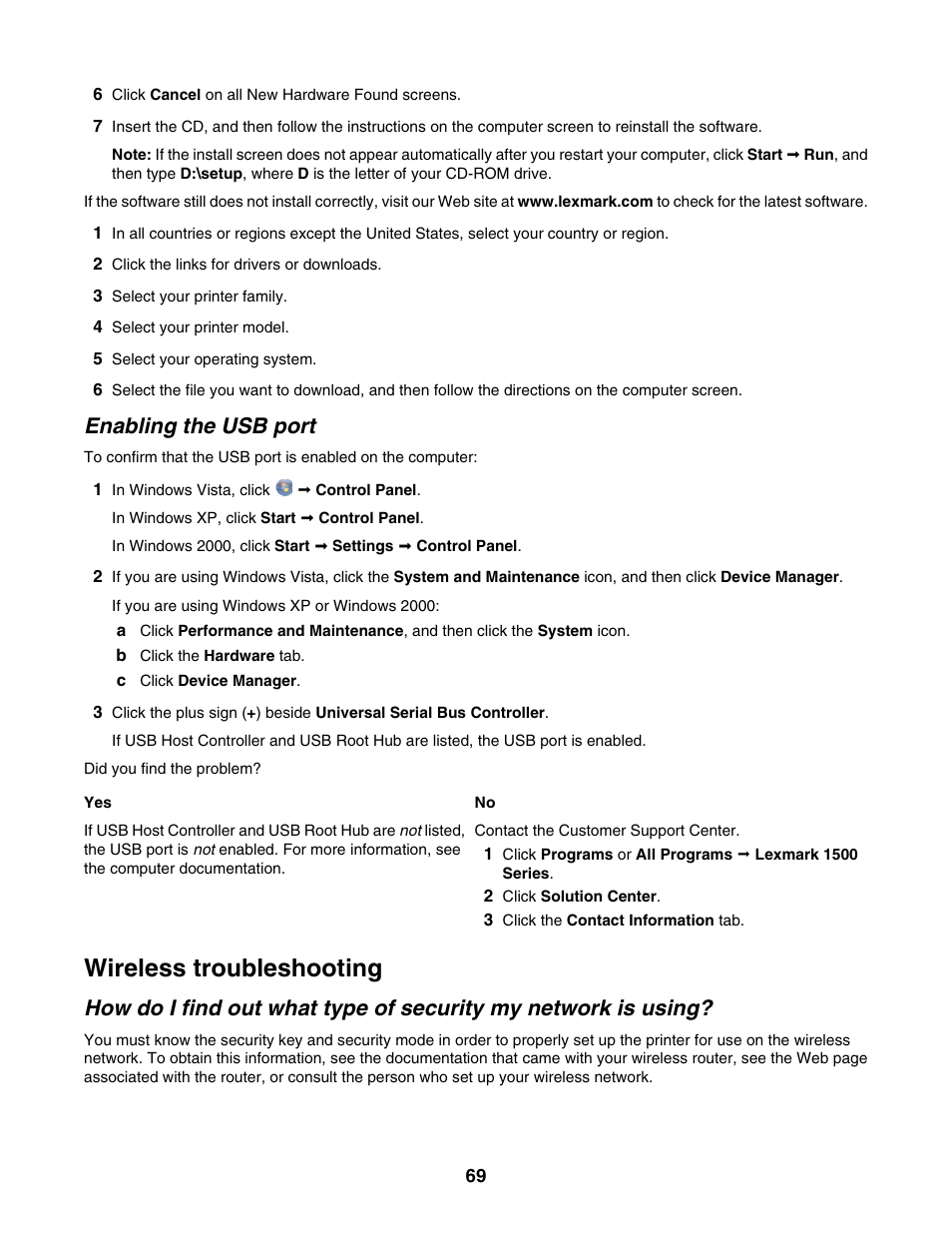 Enabling the usb port, Wireless troubleshooting | Lexmark 1500 Series User Manual | Page 69 / 124