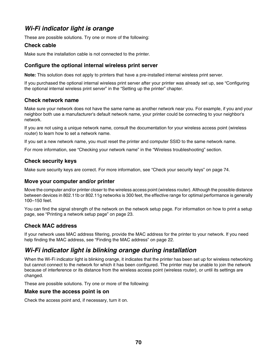 Wi-fi indicator light is orange | Lexmark 1500 Series User Manual | Page 70 / 124