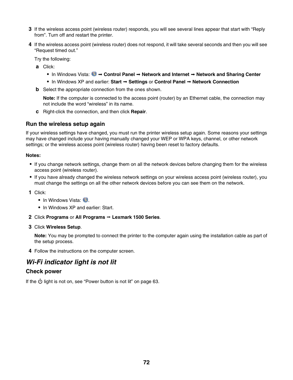 Wi-fi indicator light is not lit | Lexmark 1500 Series User Manual | Page 72 / 124