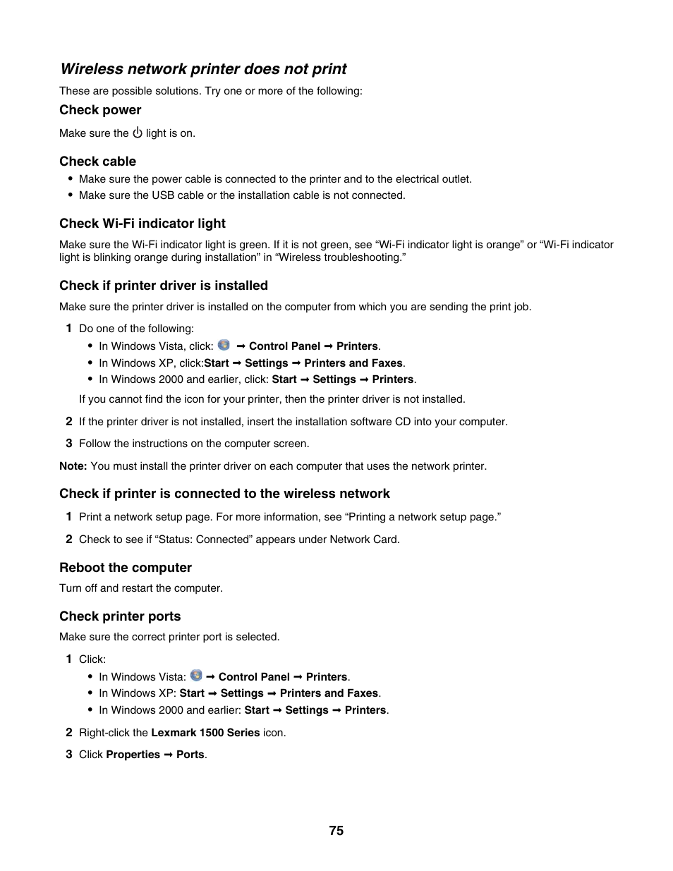 Wireless network printer does not print | Lexmark 1500 Series User Manual | Page 75 / 124