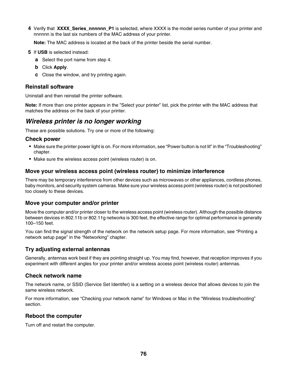 Wireless printer is no longer working | Lexmark 1500 Series User Manual | Page 76 / 124