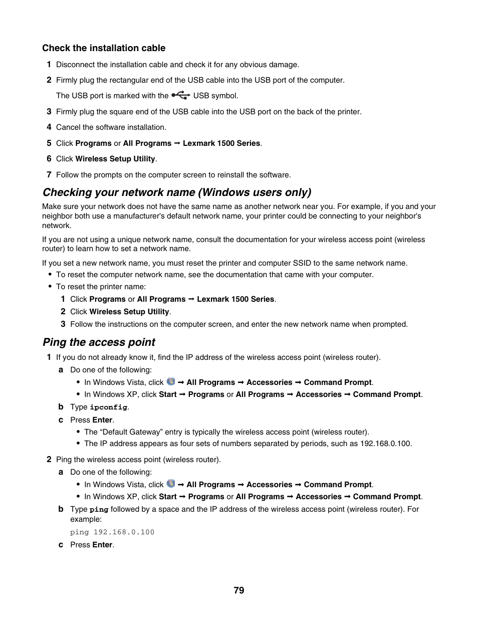 Checking your network name (windows users only), Ping the access point | Lexmark 1500 Series User Manual | Page 79 / 124