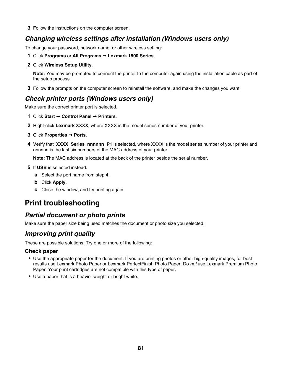 Check printer ports (windows users only), Print troubleshooting, Partial document or photo prints | Improving print quality | Lexmark 1500 Series User Manual | Page 81 / 124