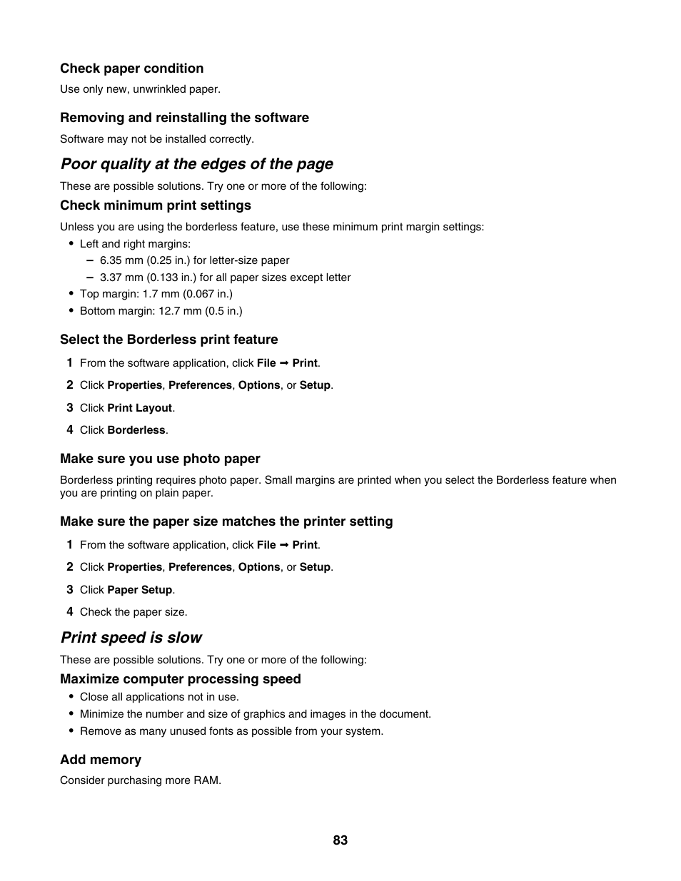 Print speed is slow, Poor quality at the edges of the page | Lexmark 1500 Series User Manual | Page 83 / 124